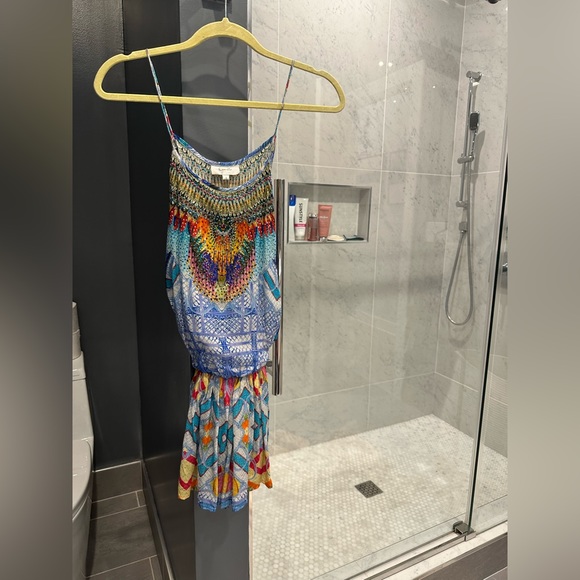 Camilla blue pattern silk romper with tie back - Picture 3 of 5